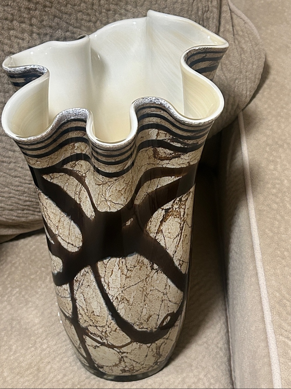 Hand-Blown Black and Cream Decorative Glass Vase
